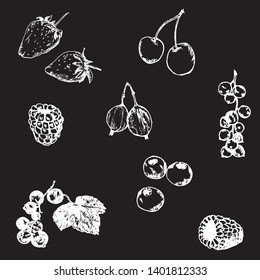 Berry Hand drawn vector set. Inverse illustration. Berries engraving doodle sketch etch line. Currant, raspberry, strawberry, blueberry, cherry on white background. Dessert ingredient