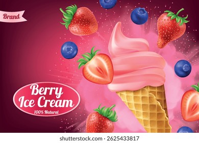 Berry ice cream ad with bright explosion, flying strawberries and blueberries on dark pink background in 3d illustration. Summer poster design