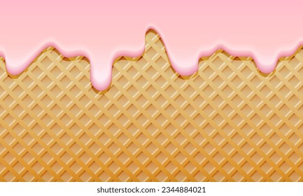 Berry ice cream melted on waffle background. Сream melted on waffle background. Sweet raspberry ice cream flowing down on cone