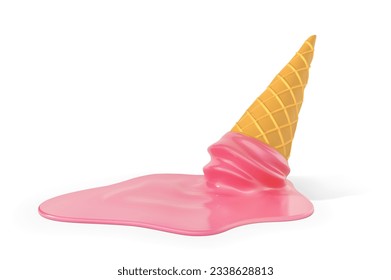 Berry ice cream in a waffle cone that melted on the surface. Vector illustration