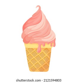 Berry ice cream in a waffle cup. Sweets. Beach vacation accessories. Summer weekend. Vector illustration isolated on white background.