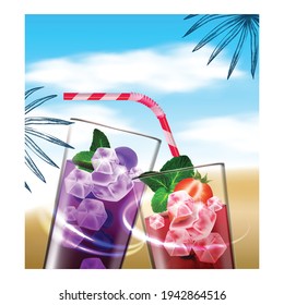 Berry Iced Tea Creativo Vector De Banner Promocional. Té Delicioso De Arándano Azul Y Fresa Con Hojas De Moneda Y Fruta Madera, Copa De Vidrio Y Cartel Publicitario En Tubo. Ilustración de plantilla de concepto de color