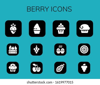 berry icon set. 12 filled berry icons. Included Strawberry, Fruit, Muffin, Cupcake, Grapes, Plum, Papaya, Kiwi icons
