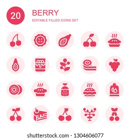 berry icon set. Collection of 20 filled berry icons included Cherry, Pie, Papaya, Panna cotta, Holly, Belts candy, Grape, Kiwi, Strawberry, Fruit, Cake slice, Fruits