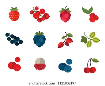 Berry Icon Set. Cranberry Black Currant Blackberry Blueberry Dogrose Gooseberry Red Currant Raspberry Strawberry Cowberry Cherry 