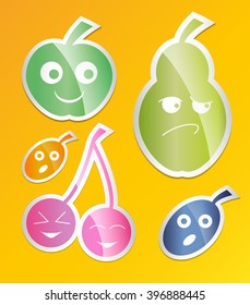 Berry icon set. Labels with berries apple pear, plum, apricot, cherry Flat style. Vector illustration