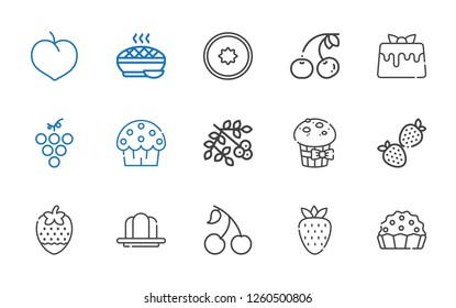 berry icons set. Collection of berry with pie, strawberry, cherry, gelatine, muffin, viburnum, cup cake, grape, caramel, kiwi, plum. Editable and scalable berry icons.