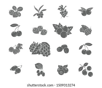 Berry Icons set - Vector black solid silhouettes of strawberry, raspberry, cherry, blueberry, cloudberry, dogrose and cranberry for the site or interface