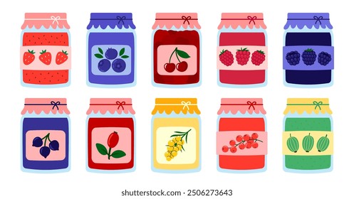 Berry jam. Glass jar of preserved Cherry jam, black currant, raspberry, gooseberry, blueberry, blackberry, strawberry, barberry, sea buckthorn confiture in bottle. Flat Vector illustration isolated