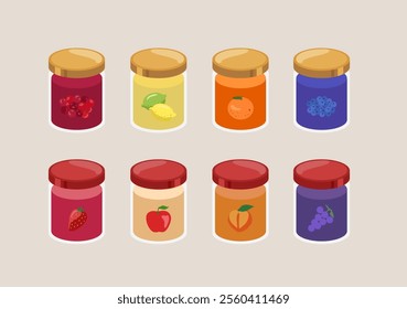 Berry jam. Glass jar of preserved strawberry jam, apple, peach, grapes, cranberry, lemon, orange, blueberry confiture in bottle. 