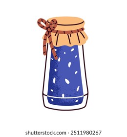 Berry jam in glass jar with string bow. Fruit preserve, homemade canned blueberry marmalade treat. Natural bilberry confiture, conserved jelly. Flat vector illustration isolated on white background