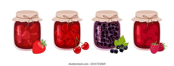 Berry jam in glass jars set. Vector cartoon flat illustration of raspberry, strawberry, blackcurrant and cherry jam.