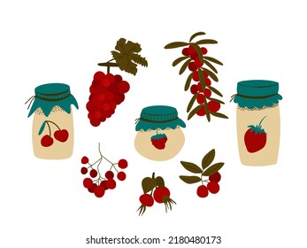 Berry jam jar. Autumn doodle vector illustration