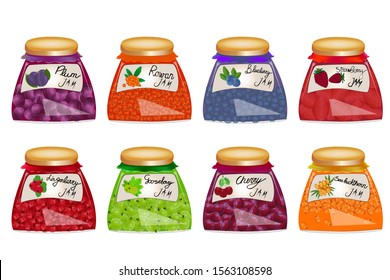 Berry jam jar glass collection isolated on white background. Set of glass jar with marmalade. Grocery Packaging collection. Preserved fruit in jars set in a realistic style. Vector illustration. EPS