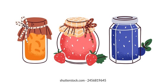 Mermelada de bayas en frascos. Albaricoque naranja, fresa, arándano, confitura de arándano. Mermelada casera, conjunto de conserva de jalea. Postre natural, comida dulce. Ilustración vectorial plana aislada sobre fondo blanco