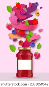 Berry jam packaging glass jar, paper cut craft style fresh strawberry, raspberry, blueberry, liquid splashes and drops, vector illustration. Healthy fruit preserves.