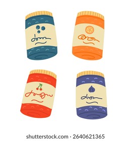 Berry jams in glass jars in flat cartoon design. Sweet homemade preserve with blueberry, orange, cherry and fig. Natural vitamin foods for summer picnic or breakfast. Vector illustration isolated.
