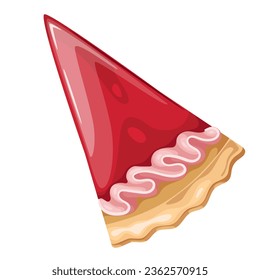 Berry jelly pie slice, top view vector illustration. Cartoon isolated triangle piece of tart with crust, red filling with gelatin, pie portion decorated with whipped cream swirls and shiny glaze