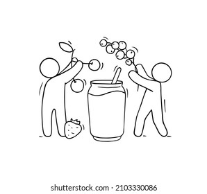 Berry juice in glass jar and cute people with strawberry, cherry and currants. Vector hand drawn illustration of doodle men with fresh red drink in bottle with straw. Sketch for beverage menu