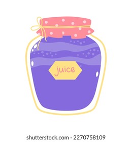 Berry juice in a glass jar. Cute cartoon print in pastel colors. Vector sweet dessert isolated on white background