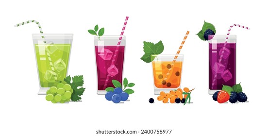 Berry juice in glass with straw ice cubes refreshment beverage set isometric vector illustration. Fresh berries fruit drink grape blueberry sea buckthorn strawberry blackberry vitamin summer cocktail