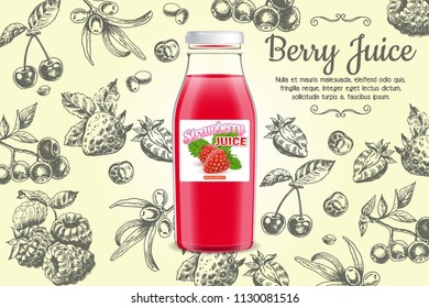 Berry juice poster design template. Vector realistic glass bottle of fruit juice and hand drawn strawberry, cherry, raspberry, blueberry, copy space.