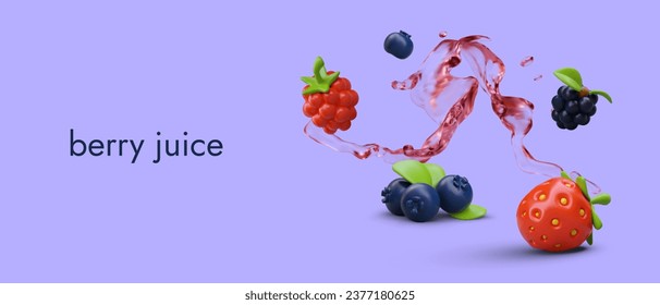 Berry juice. Realistic strawberry, blueberry, raspberry, blackberry, liquid splash. Vitamin tasty drink. Vegetarian product. Advertising concept with place for text