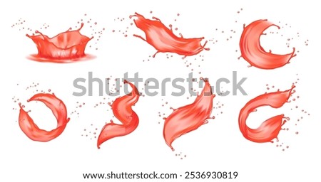 Berry juice splashes, fruit and berry compote splash collection in realistic design. Vector pomegranate, strawberry or raspberry juice swirls, cocktail beverage splashes, stains of fruity juice
