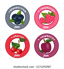 Berry label design. Vintage minimal food sticker. Fruit jam. Product package with frame. Plant ingredients. Cherry with leaves. Plum trees. Blueberry and raspberry. Vector covers set