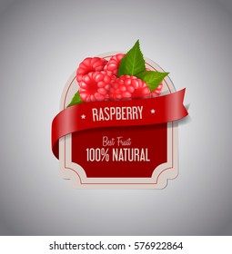 Berry Label with ripe raspberry with green leaves. Raspberry jam label design template.