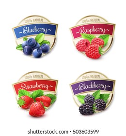 Berry labels realistic set with strawberry and blueberry isolated vector illustration 