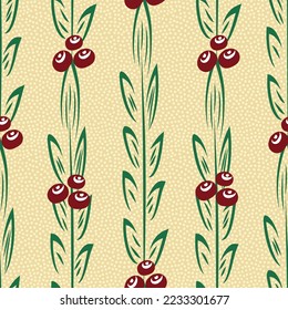 Berry and leaf seamless vector seamless pattern background. Festive backdrop in hand drawn line art style. on black backdrop. Winter berries and leaves Christmas repeat in vintage colors.