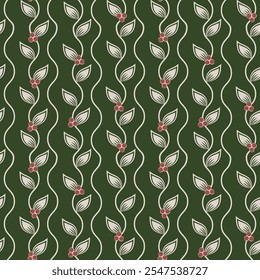 Berry and leaf seamless vector trailing background pattern. Red green vertical backdrop Christmas theme. Berries and leaves blended. Festive repeat botanical design. For Christmas seasonal holidays