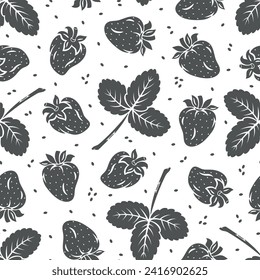 Berry and Leaf of Strawberry. Strawberries Black and White Seamless Pattern. Berries with Leaves Vector Background. Fruit Wallpaper. Great for Textile, Wrapping Paper, Packaging etc.