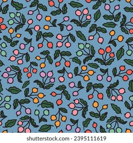 Berry with leaves seamless repeat pattern on blue background. Random placed, vector botany all over surface print.