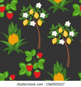 Berry, Lemon, Pineapple Vector Seamless Pattern. Citrus Tree Branch with Flowers. Strawberry Bush Twigs and Leaves. Tropical Exotic Fruits Textile Ornament. Summer Seasonal Harvest Background