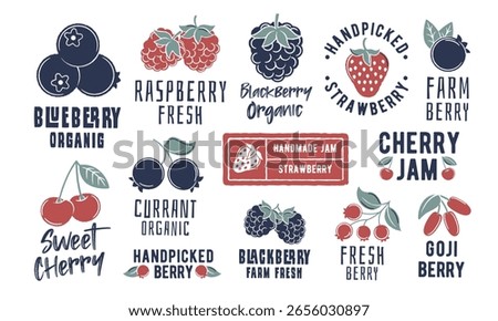 Berry logos. Large set of berry-themed minimal logos. Example: Blueberry, Raspberry, Strawberry, Cherry, Blackberry icon. Design signs for jam label, food branding. Vector illustration.