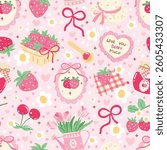 Berry Love Seamless Pattern | Cute Strawberry Bow Hat Tulip Jam Pink Cottagecore Background