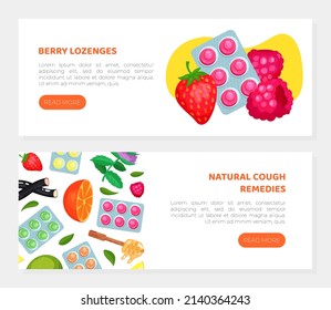 Berry lozenges landing page templates set. Natural cough remedies, medicine and pharmacy web banners vector illustration