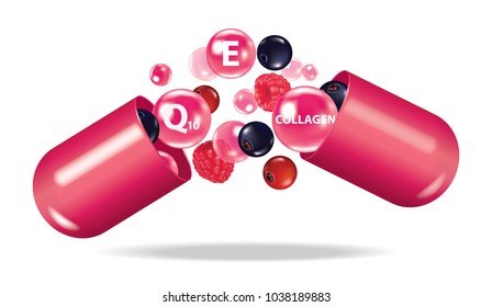 Berry medicine , drug , vitamin , open capsule vector illustration