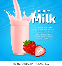 Berry milk. Strawberry sweet milkshake fresh drink advertisement banner. Vector milky beverage pouring into glass vector illustration. Strawberry milk dairy product label for pack design advertising
