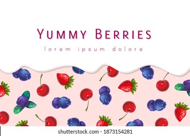 berry milk or yogurt background. dripping cream on garden or forest berries banner. package design template for sweet dairy products. flowing yoghurt, melted icecream and mixed tasty berries wallpaper