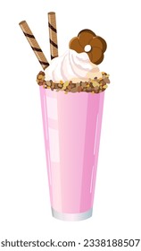 Berry milkshake, raspberry or strawbarry smoothie with whipped cream and cookies. Healthy food, casual food.