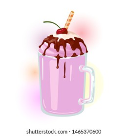 Berry milkshake with topping whipped cream garnish cherry. Pink cold fruit dessert in glass cup for summertime. Delicious sweet smoothie, cocktail. Vector cartoon icon isolated on white background.