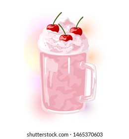Berry milkshake with topping whipped cream garnish cherry. Pink cold fruit dessert in glass cup for summertime. Delicious sweet smoothie, cocktail. Vector cartoon icon isolated on white background.