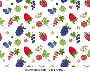 Berry Mix colorful seamless Pattern. Doodle drawn Strawberry, Blackberry, Raspberry, blueberry, currant, gooseberry. Summer berry fruit background. Pattern for Food packaging design, menu
