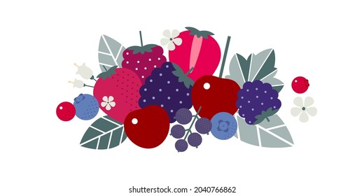 Mezcla de cerezos. Ilustración plana. Fresa, cereza, arándano, arándano, currant, lingonberry y frambuesa. Fresas, hojas y flores maduras.