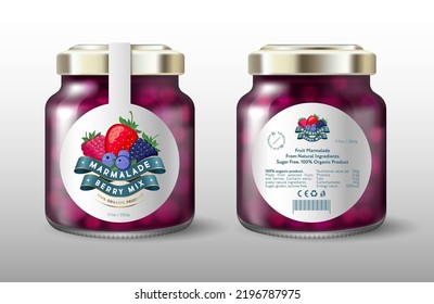 Berry mix marmalade. Strawberry, dewberry, blueberry and raspberry with silk ribbons. White round label for sweet preservation. Mock up of a glass jar with a label.