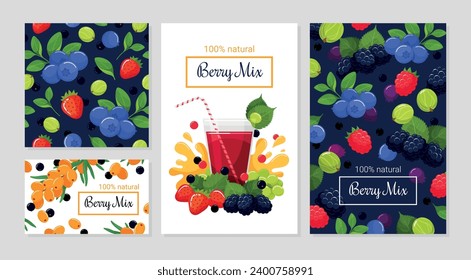 Berry mix natural fresh summer fruit card advertising poster banner design template set vector illustration. Season berries cartoon juicy strawberry blueberry blackberry sea buckthorn cocktail