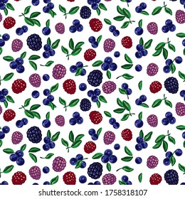 Berry mix on white background. Dark berries. Seamless pattern. Vector